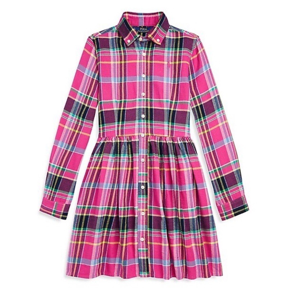 Polo Ralph Lauren Preppy Pink Plaid Button-Up Cotton Dress Girl’s Size 16
